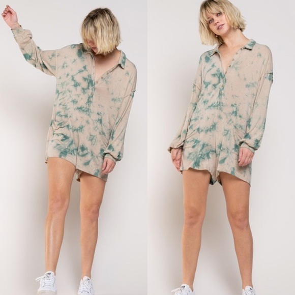 New! Faith Mocha/Teal Hand Dip Dye LS Romper - Picture 6 of 9